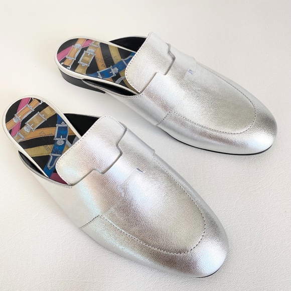 HERMES H CATENA SILVER LEATHER MULES FLIP FLOPS SHOES FLAT SLIDES 37 - Picture 6 of 15